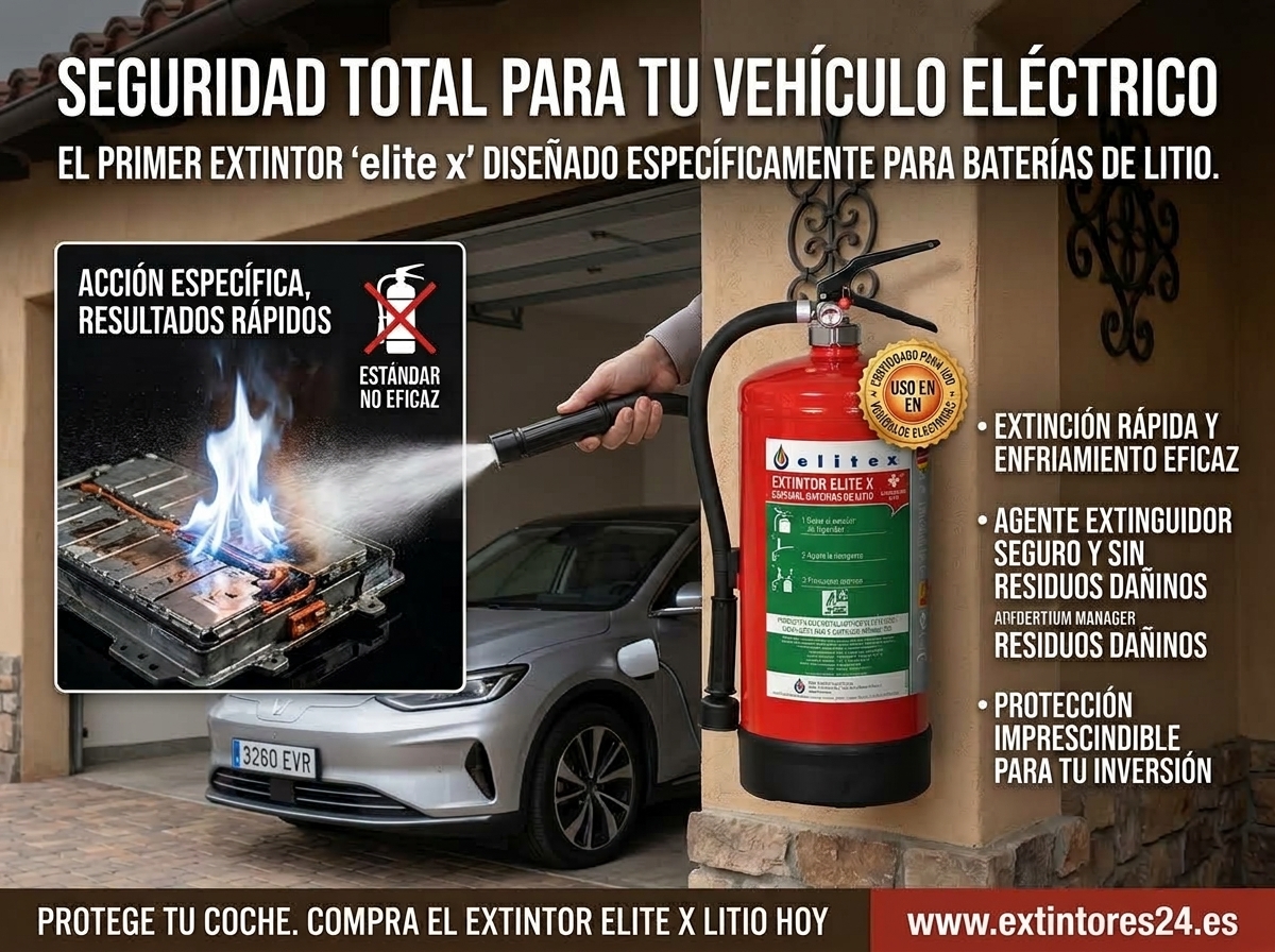 Seguridad total para tu vehículo eléctrico · Extintor ELITEX Litio F-500
